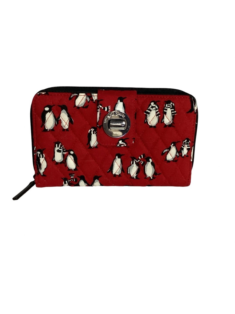 Vera Bradley Playful Red Penguin Pattern Turnlock & Zipper Cotton Wallet EUC